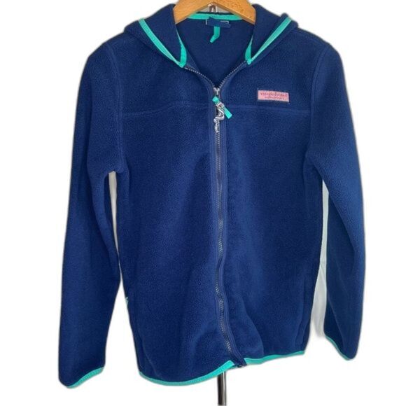 Vineyard Vines Blue Green Trim Full Zip Light Hooded Fleece Jacket Youth LG - Picture 1 of 10